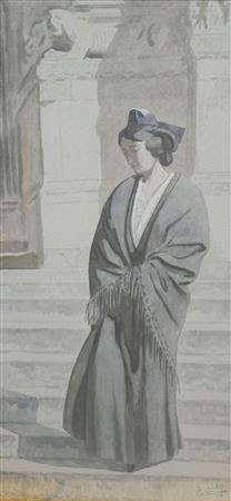 Portrait of an Arles woman in front of the steps of the Saint Trophime cloister in Arles