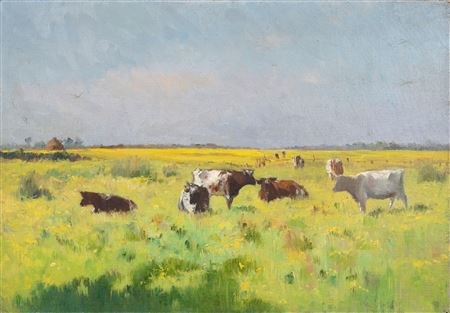 Cows in a field at sunset by Maurice Dainville - Auction record, sale price, and art valuation. Compare with similar artists and explore comparable artworks.