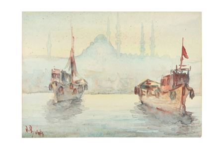 Boats moored before the Hagia Sophia
