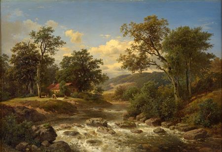 Summer landscape with torrent and laundry bleaching.