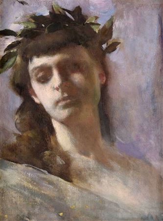 Female figure with laurel wreath.