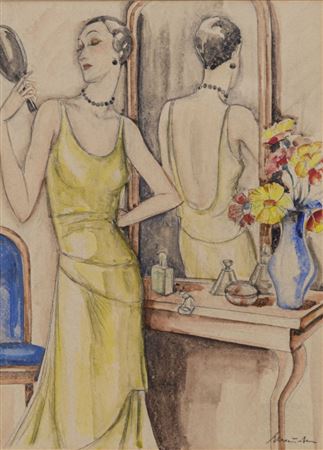 Woman in yellow evening dress with hand mirror, c. 1929