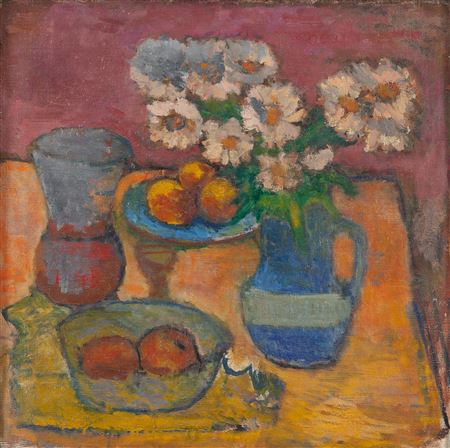 "Still life with marguerites apples and a vase"