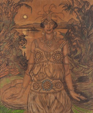 Portrait of Irena Wiedyśkiewicz-Polniakowa against the backdrop of an exotic landscape