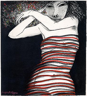 GIRL IN STRIPED DRESS WITH BOUQUET OF FLOWERS
