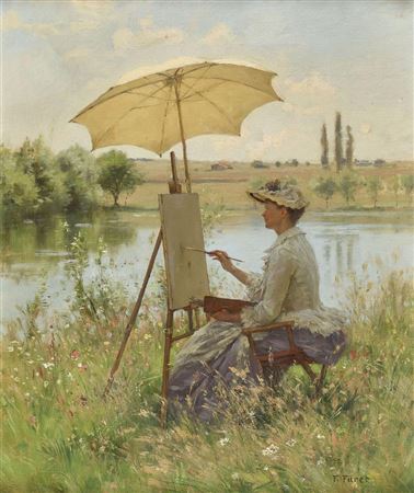 Künstlerin an der Staffelei auf blühender Wiese am Flussufer by François Foret - Auction record, sale price, and art valuation. Compare with similar artists and explore comparable artworks.