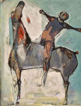 "Horse and rider in profile"