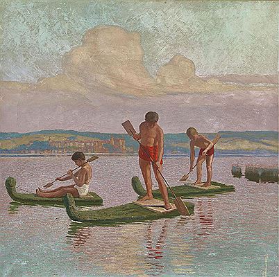 Boys on reed boats on Lake Murten