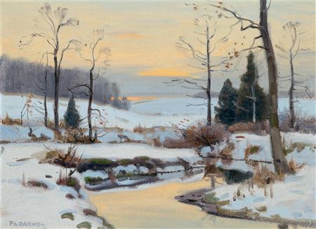Winter Sunset by Frank Barney - Auction record, sale price, and art valuation. Compare with similar artists and explore comparable artworks.