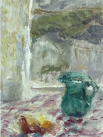Green Jug in the Window with Rural Landscape beyond