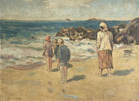Figures on a beach and to verso coastal rocks