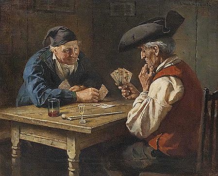 Die entscheidende Karte: Zwei alte Männer beim Kartenspiel in der Stube