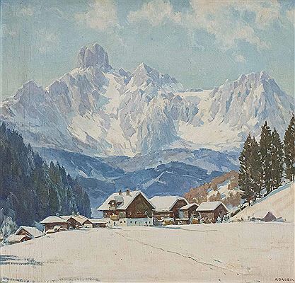 Winterlandschaft mit Bauernhäusern und Blick auf die 'Bischofsmütze'
