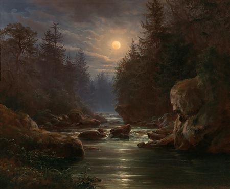 Mondscheinlandschaft. Motiv aus dem Langhermsdorfer Grunde in der Sächsischen Schweiz