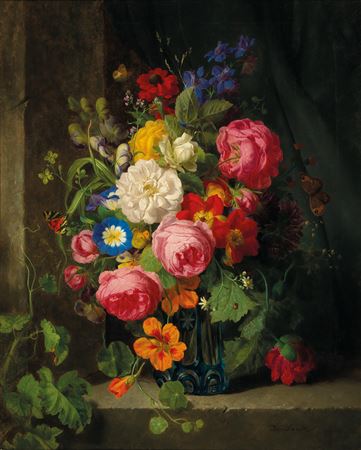 A Large Bouquet of Flowers with Roses, Nasturtium and Butterflies