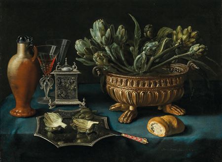 A gilded wine cooler with artichokes, wine glasses and a stoneware jug, a silver dish and a bread roll on a draped table by Alexander Adriaenssen - Auction record, sale price, and art valuation. Compare with similar artists and explore comparable artworks.