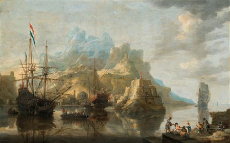 A fortified harbour with a Galleon and Galley at anchor