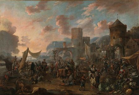 A market scene in a Mediterranean coastal town