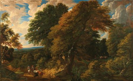A wooded landscape with peasants and their cattle