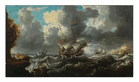 A man o'war in choppy seas with soldiers on an outcrop nearby