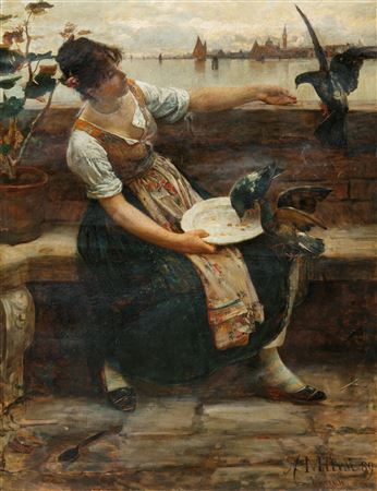 Girl Feeding Pigeons in the Venice Lagoon