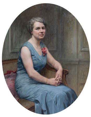 Portrait of a seated woman in a blue dress decorated with roses