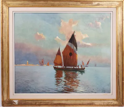 "Barque under sail, the Campanile of Place Saint-Marc in Venice in the distance"