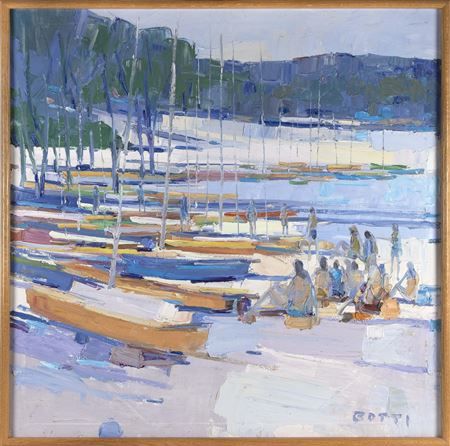 Figures and boats on the beach