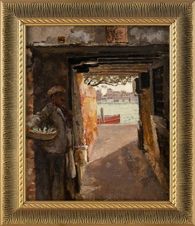 Looking through a building toward a harbor.