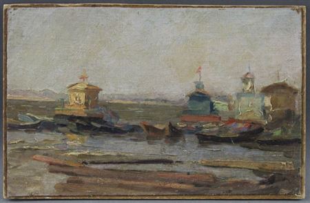 "Bootshäuschen und Boote auf der Wolga", 1958