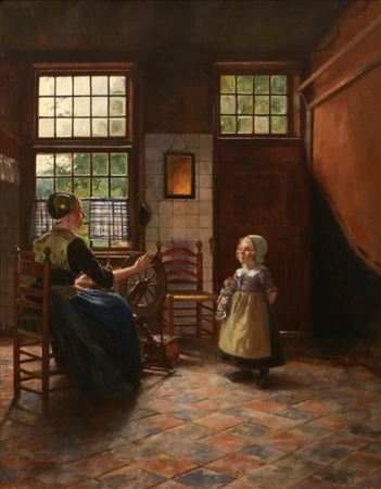 Interior Scene of a Woman Using a Flax Wheel
