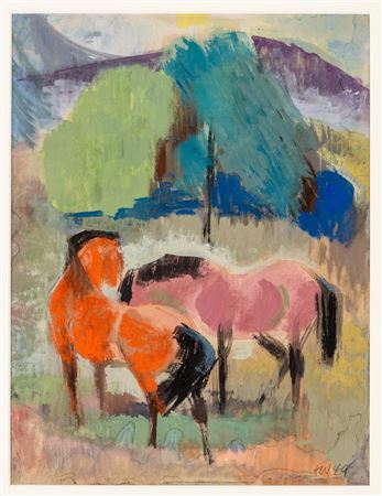 Rote Pferde in baumbestandener Landschaft