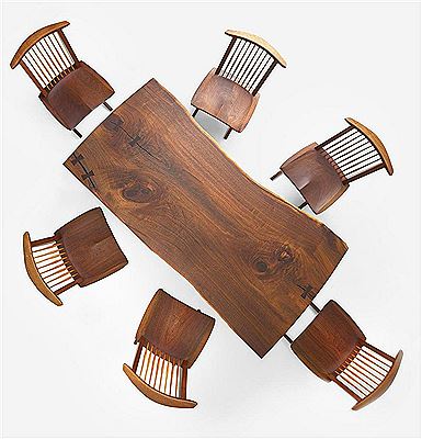 Fine Single-Board "Conoid" Dining Table and Set of Six Single-Board "Conoid" Dining Chairs