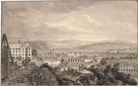 View over Kassel to the Fulda, left with the construction site of the new castle
