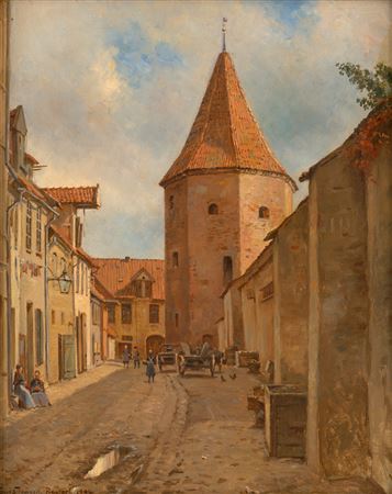 Vue de la vieille ville de Rostock avec la tour Lagebuscht et les remparts