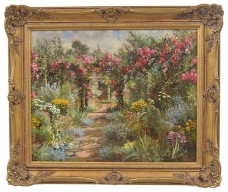 Garden scene with herbaceous flowers, sunlit garden path leading to a stone statue