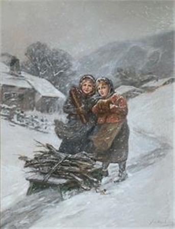 Two girls pulling a sledge with firewood through the snowy landscape in the snow flurry look directly at the viewer.