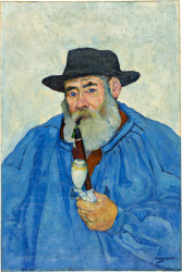 Brienzer Bauer in blauem Kittel, mit Pfeife