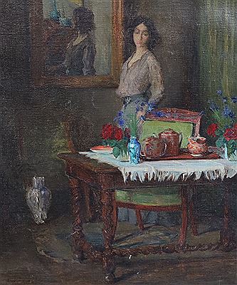 Interior with woman standing beside a tea table