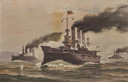 USS Brooklyn at the Battle of Santiago de Cuba by George Savary Wasson - Auction record, sale price, and art valuation. Compare with similar artists and explore comparable artworks.