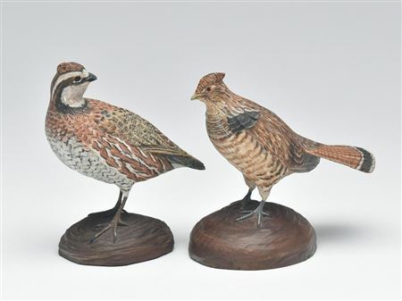Two miniature upland game carvings