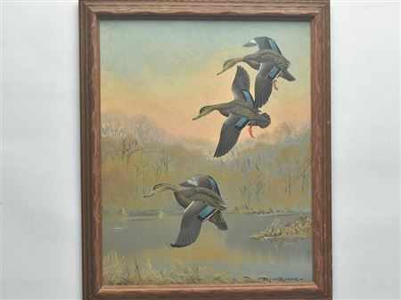 Three black ducks landing in marsh by Edgar Burke - Auction record, sale price, and art valuation. Compare with similar artists and explore comparable artworks.