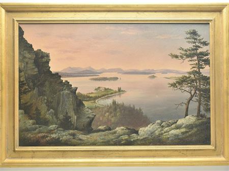 A Maine landscape painted from the top of Mt Kineo looking over Moosehead Lake