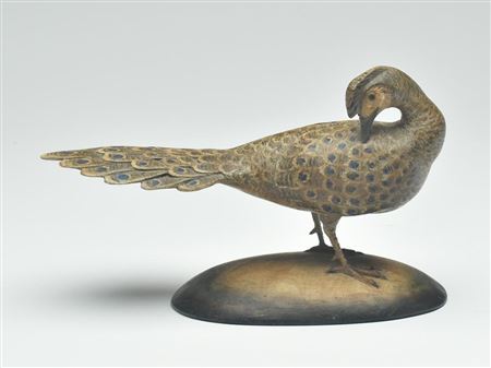 Miniature preening gray peacock pheasant