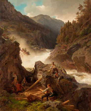Foss med tømmerfløtere 1858