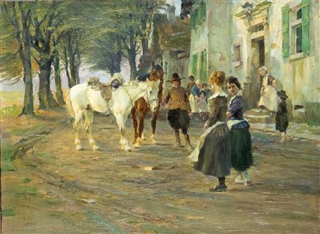 Lively hustle and bustle in front of an inn in the evening
