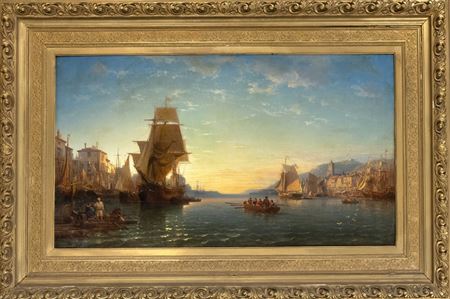 The port of Marseille in the evening light with numerous sailing ships and a fully occupied rowboat in the center