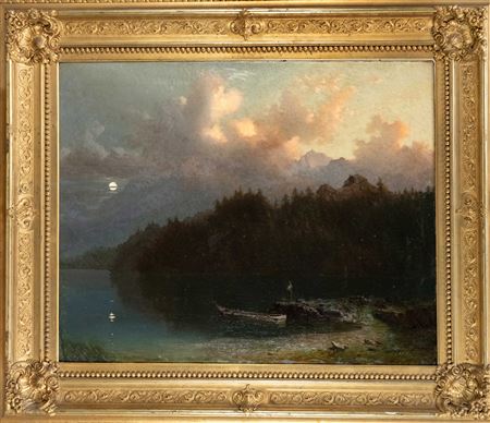 Evening alpine landscape with figure looking at the moon on the shore of a lake