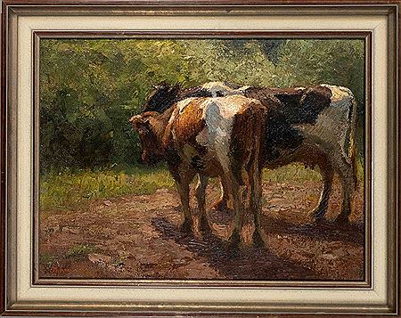 Zwei Kühe im Sonnenlicht by Medardus Kruchen - Auction record, sale price, and art valuation. Compare with similar artists and explore comparable artworks.