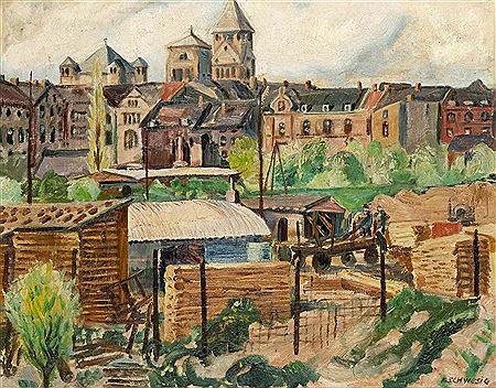 Ansicht von Düsseldorf Oberkassel mit der Kirche St. Antonius by Karl Schwesig - Auction record, sale price, and art valuation. Compare with similar artists and explore comparable artworks.